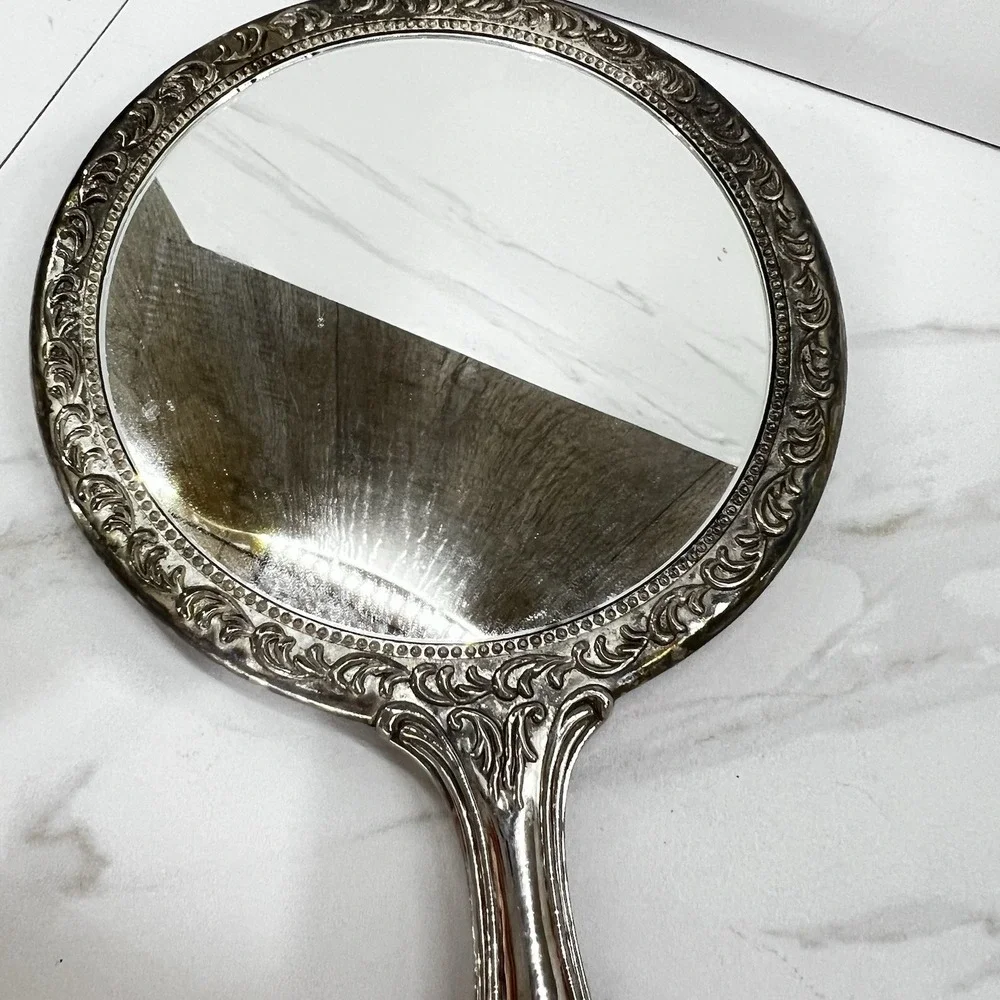 Vtg Repousse Heavy Silver Plate Vanity Hand Mirror Victorian Ornate Floral 9.5